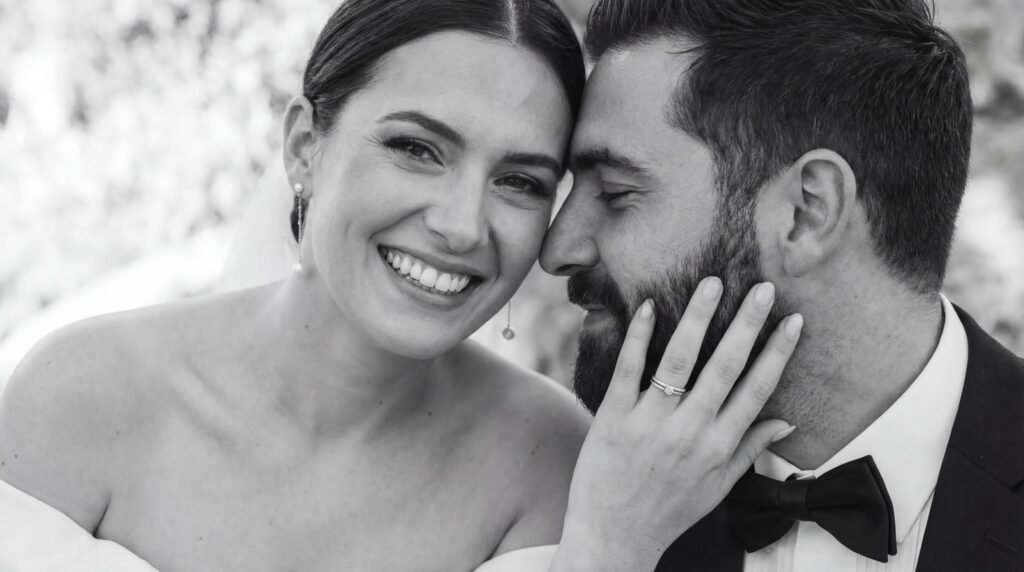 Glückliches Brautpaar in einem emotionalen Schwarz-Weiss-Portrait - Hochzeitsfotograf Zürich Swissvows