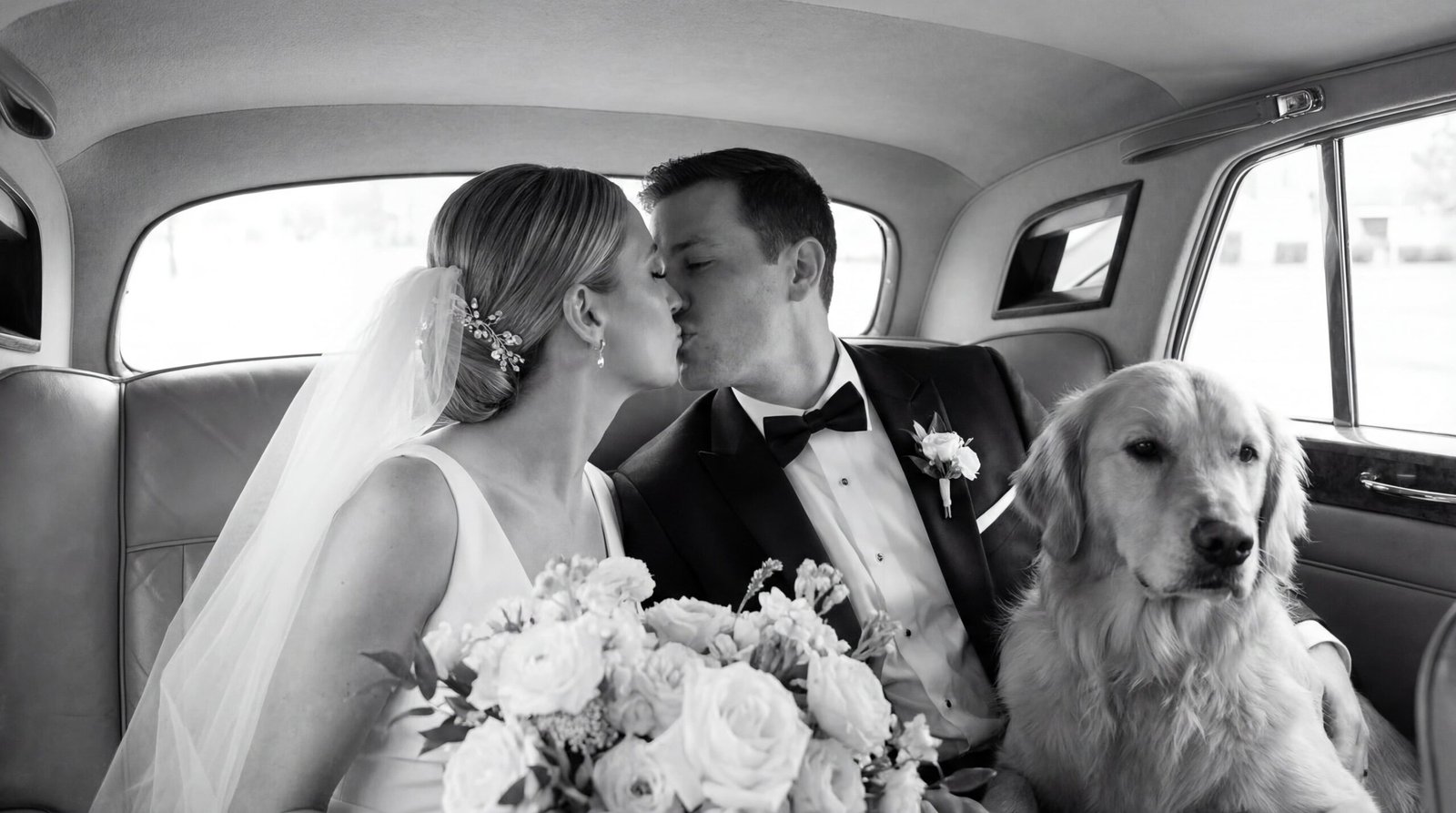 Brautpaar küsst sich im Auto neben ihrem Hund - Hochzeitsfotos mit Hund Swissvows